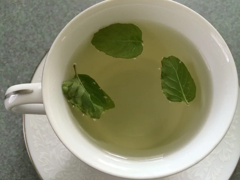 three mint leaves floating in yellow water in white porcelain tea cup