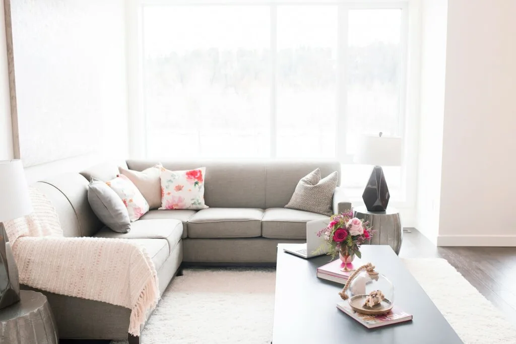 upholstered grey sofa against large windows with natural light