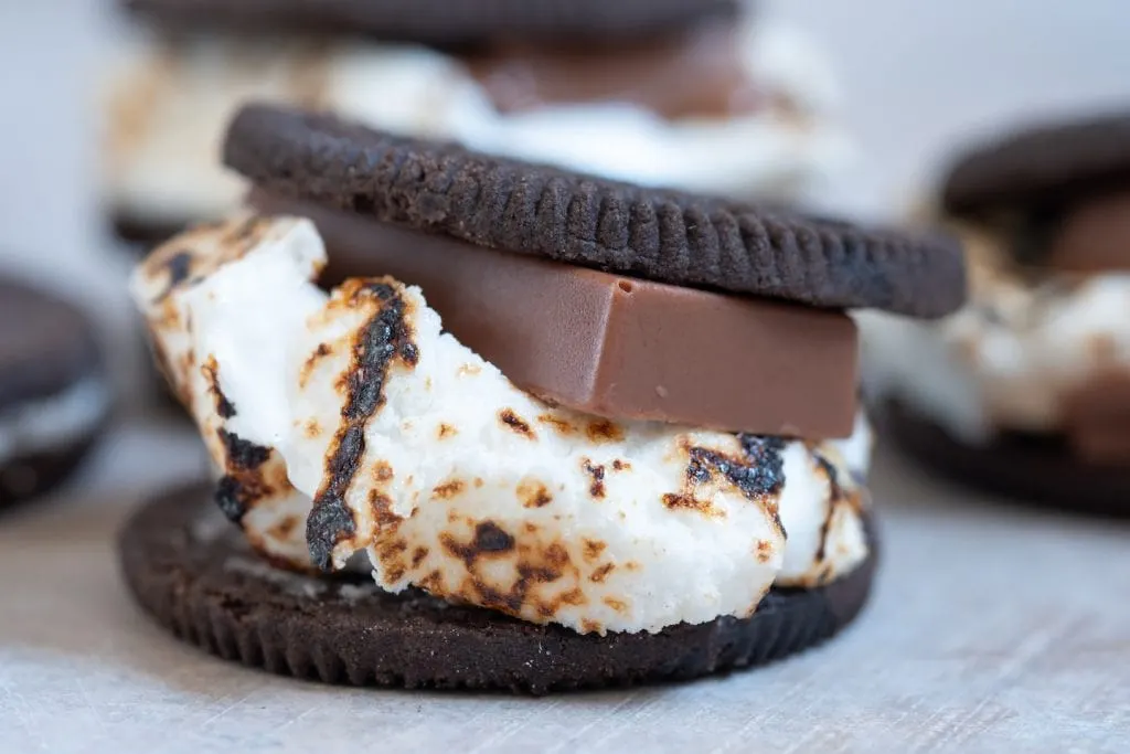 smores melted marshmallow and chocolate square between two chocolate cookie 