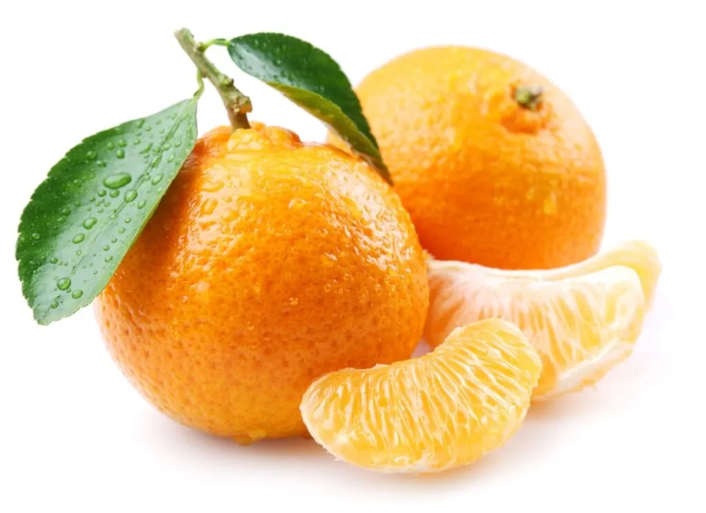 Ripe tangerines with leaves and slices on white background