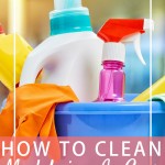 cleaning bucket filled with bottles and sponges