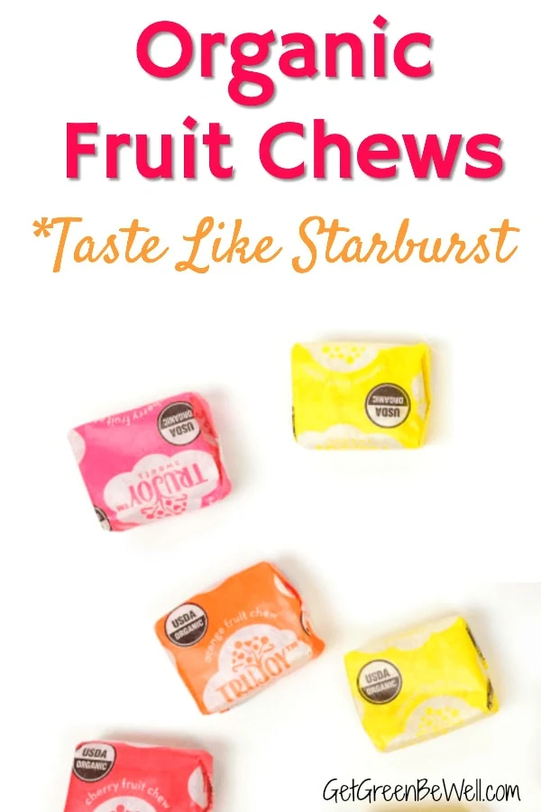 Organic fruit chew candies against white background