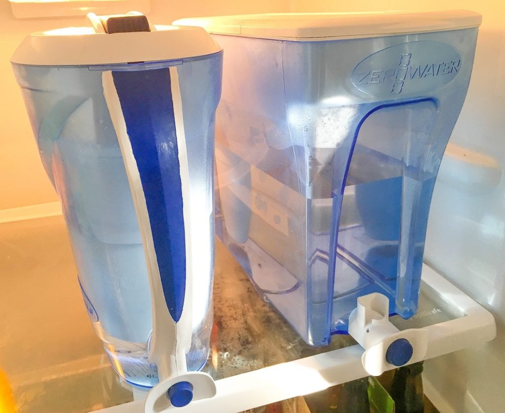 ZeroWater blue water filter pitchers in refrigerator