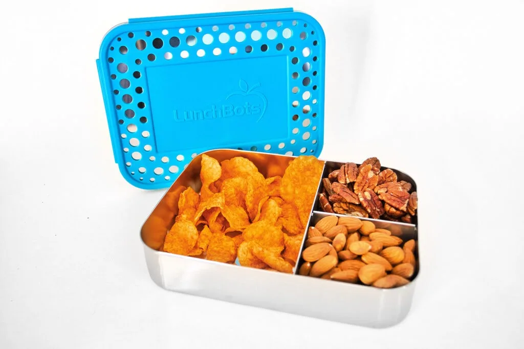 stainless steel bento box filled with potato chips and nuts lunchbots