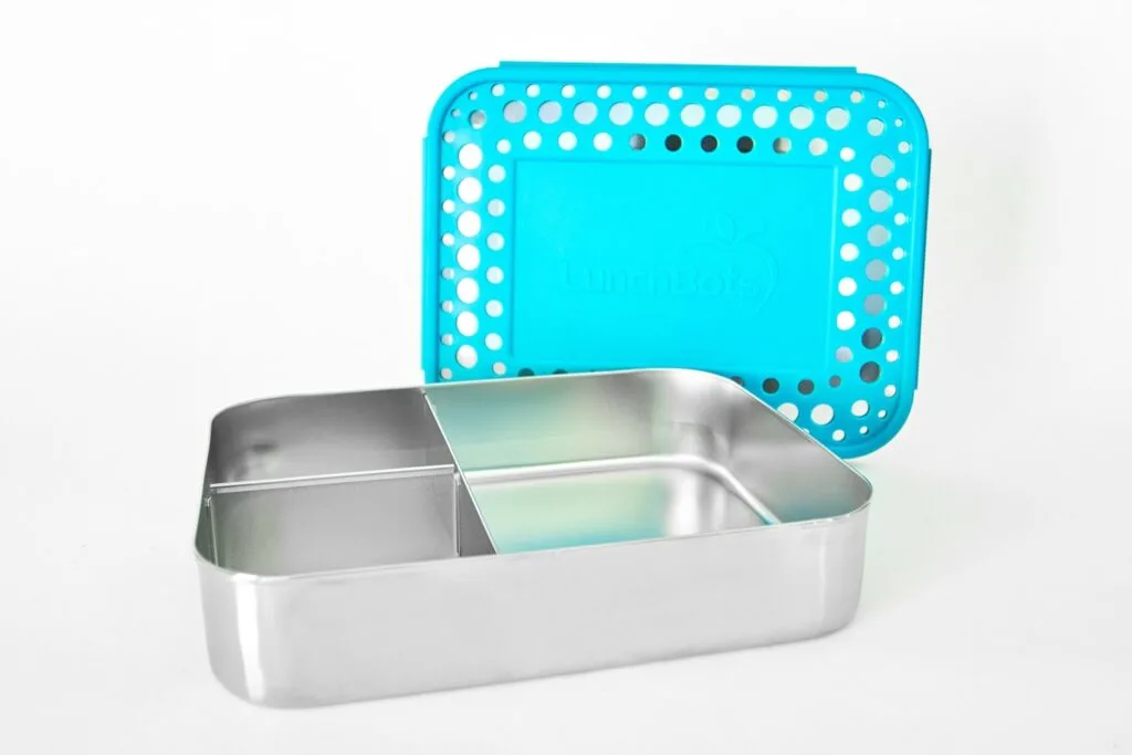 stainless steel bento box with teal plastic lid lunchbots