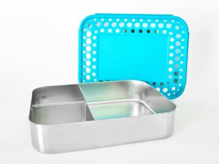 stainless steel bento box with teal plastic lid lunchbots