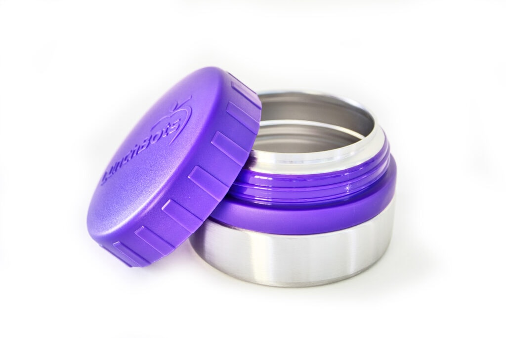 Lunchbots stainless steel snack container with purple lid
