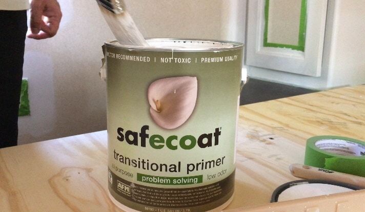 paint can of AFM Safecoat primer on wood table