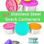 collection of stainless steel containers with bright colored lids