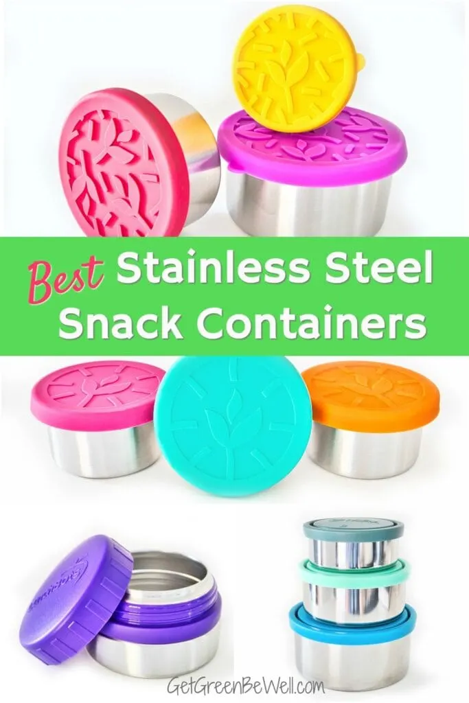 collection of stainless steel containers with bright colored lids