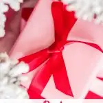 Christmas present wrapped in pink paper with red bow against white tree branches healthy stocking stuffer ideas