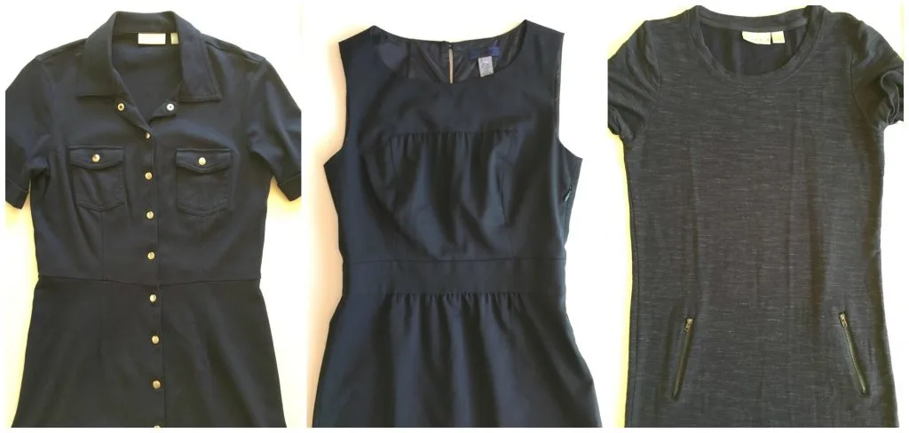 three navy dresses side by side from thredup