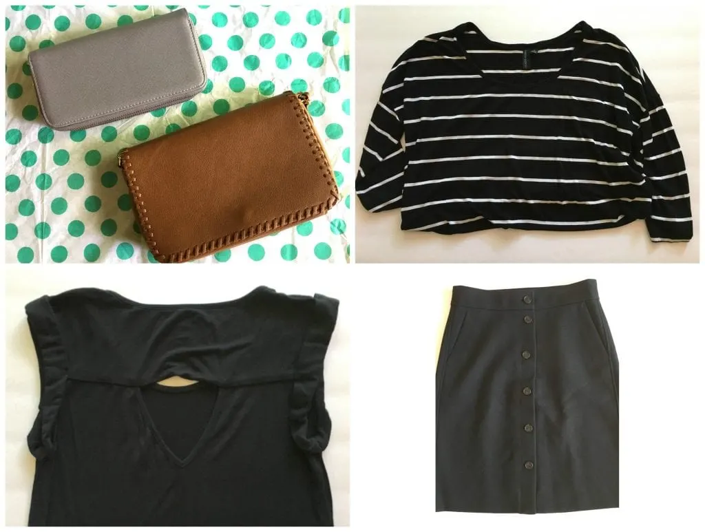 two purses, black and white striped shirt, black top, black wool skirt with buttons down front from thredup Goody Box