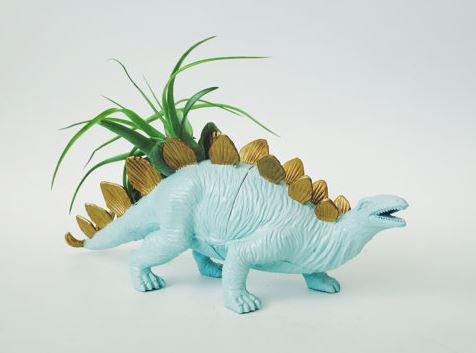 plastic dinosaur painted baby blue with gold spikes and air plant growing out of back