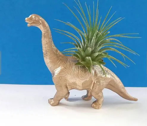 gold spray painted dinosaur with green air plant in back against blue backdrop