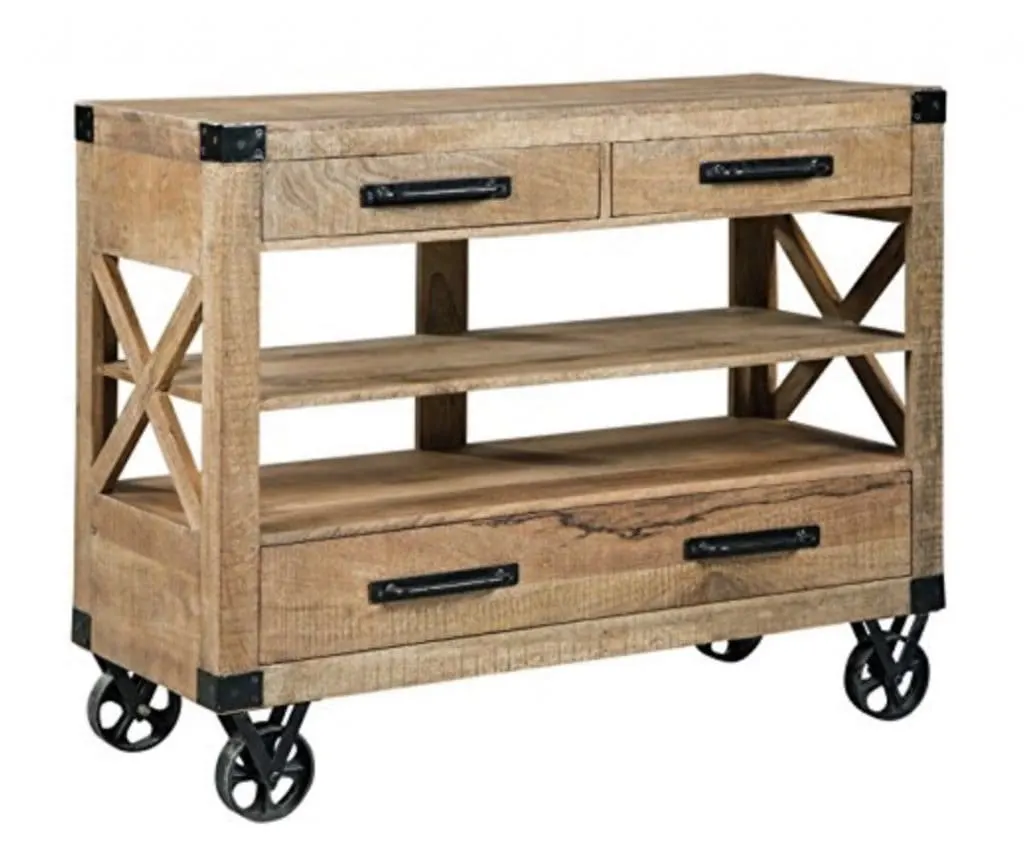 Wooden farmhouse rolling table with black wheels and three drawers