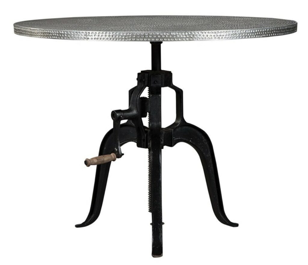 black metal base with a hand crank dining room table with metal hammered top