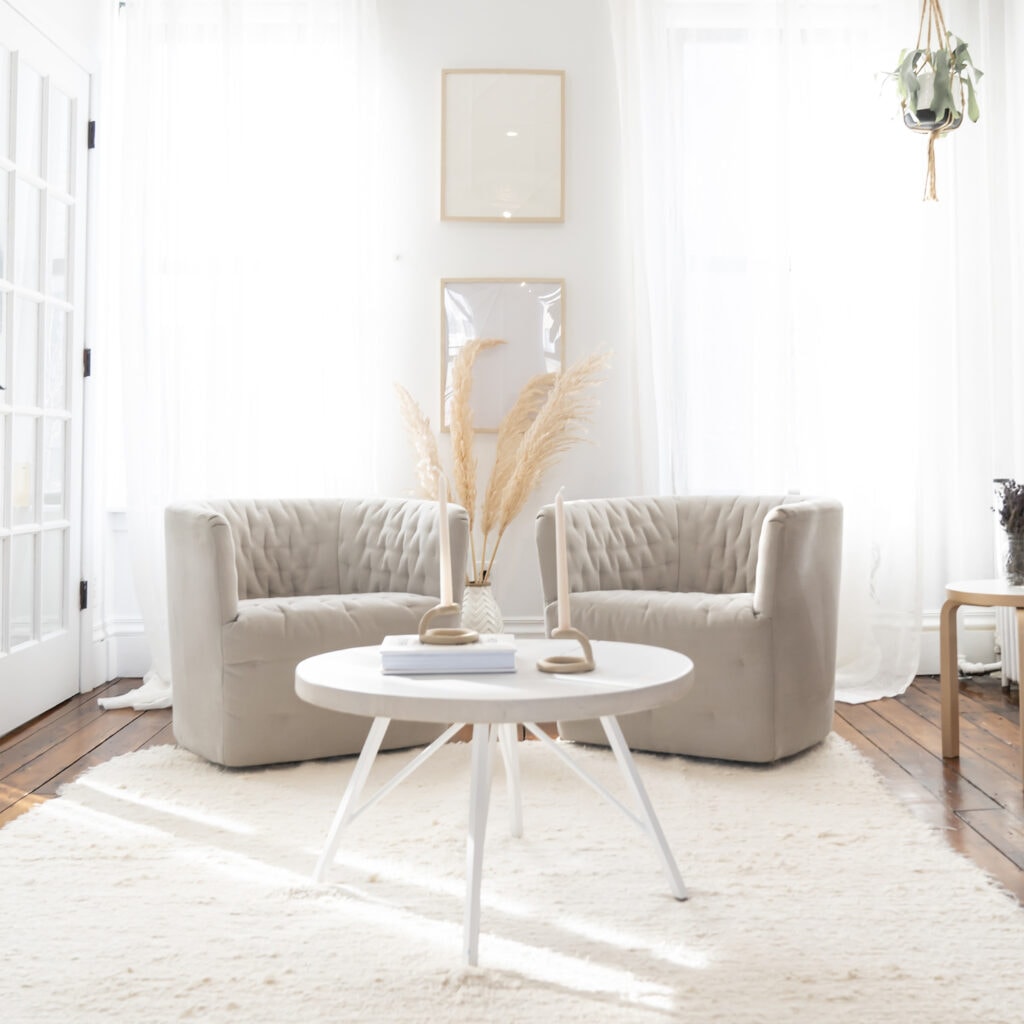 brown chairs on white rug with white end table in sunny room