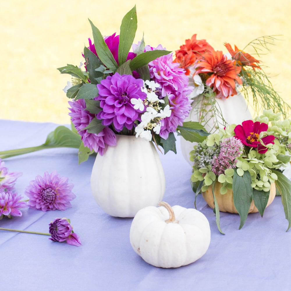 White Pumpkin Flower Vase Diy Tutorial Get Green Be Well White Pumpkin Flower Vases Filled With Purple Flowers And Greenery