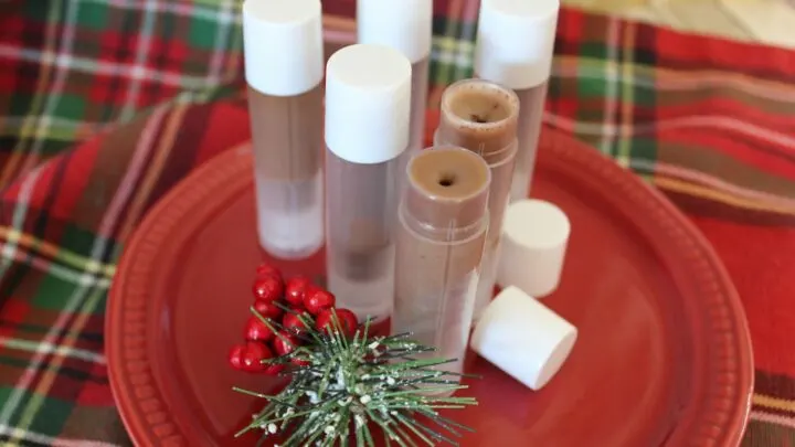 homemade chocolate lip balms displayed on red plate