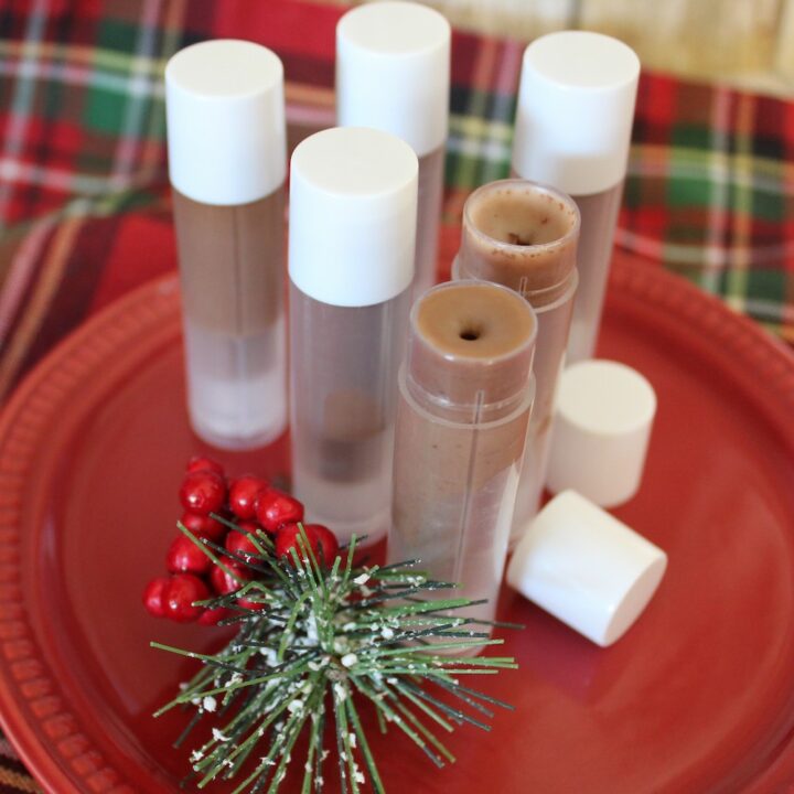 homemade chocolate lip balms displayed on red plate