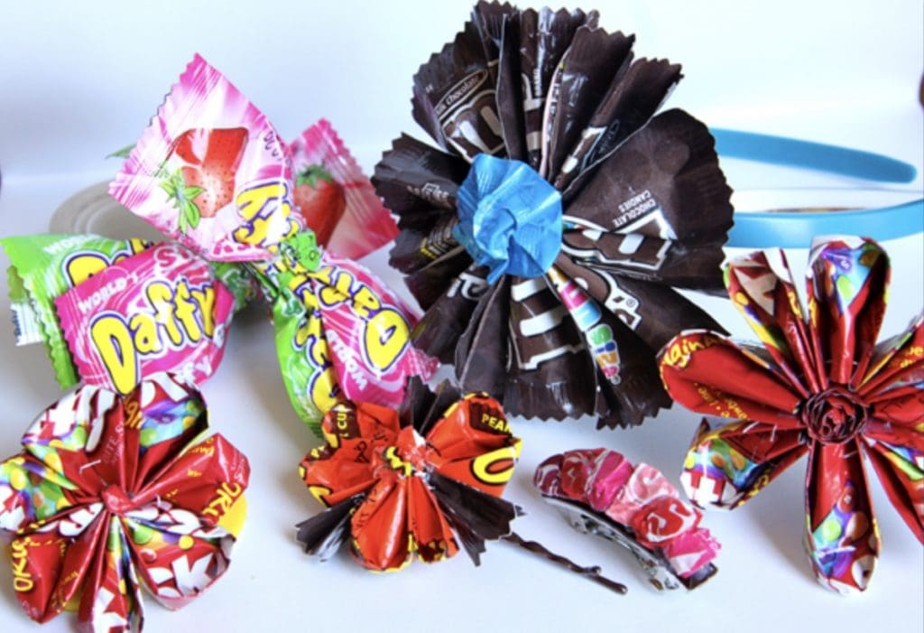 flowers and hair bows made from candy wrappers crafts