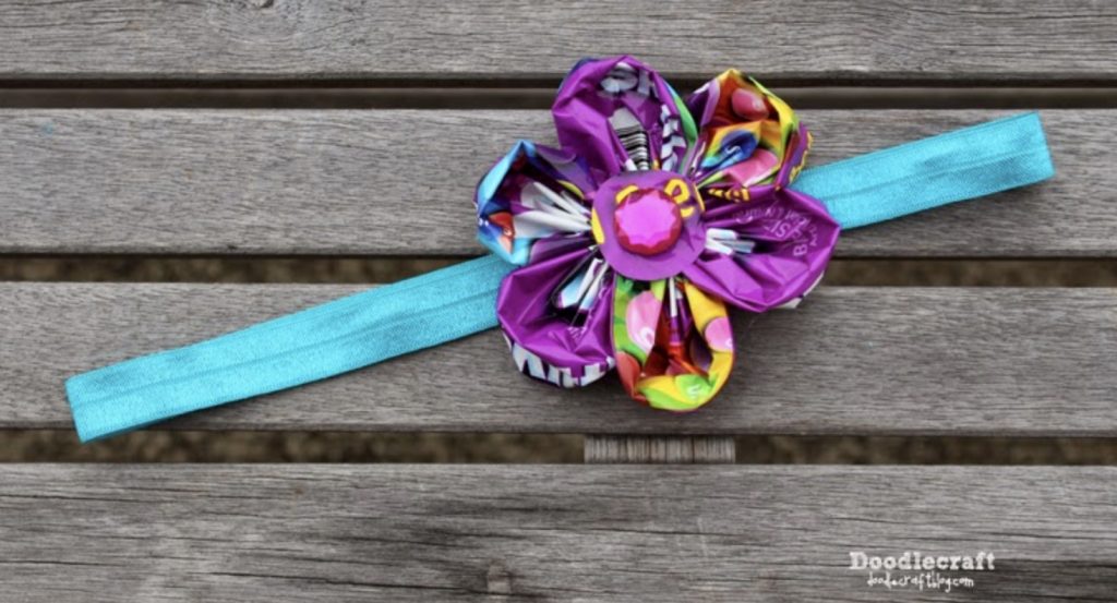 headband with flower made from folded candy wrappers