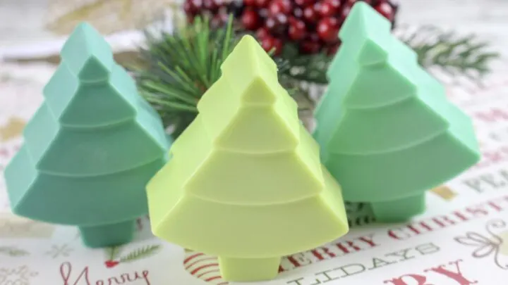 three Christmas tree soaps in different shades of green