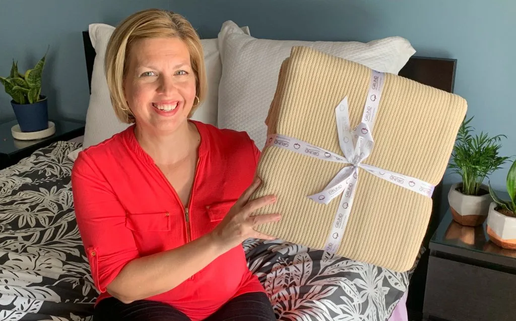 Kim with Grund America Organic Cotton Blanket driftwood
