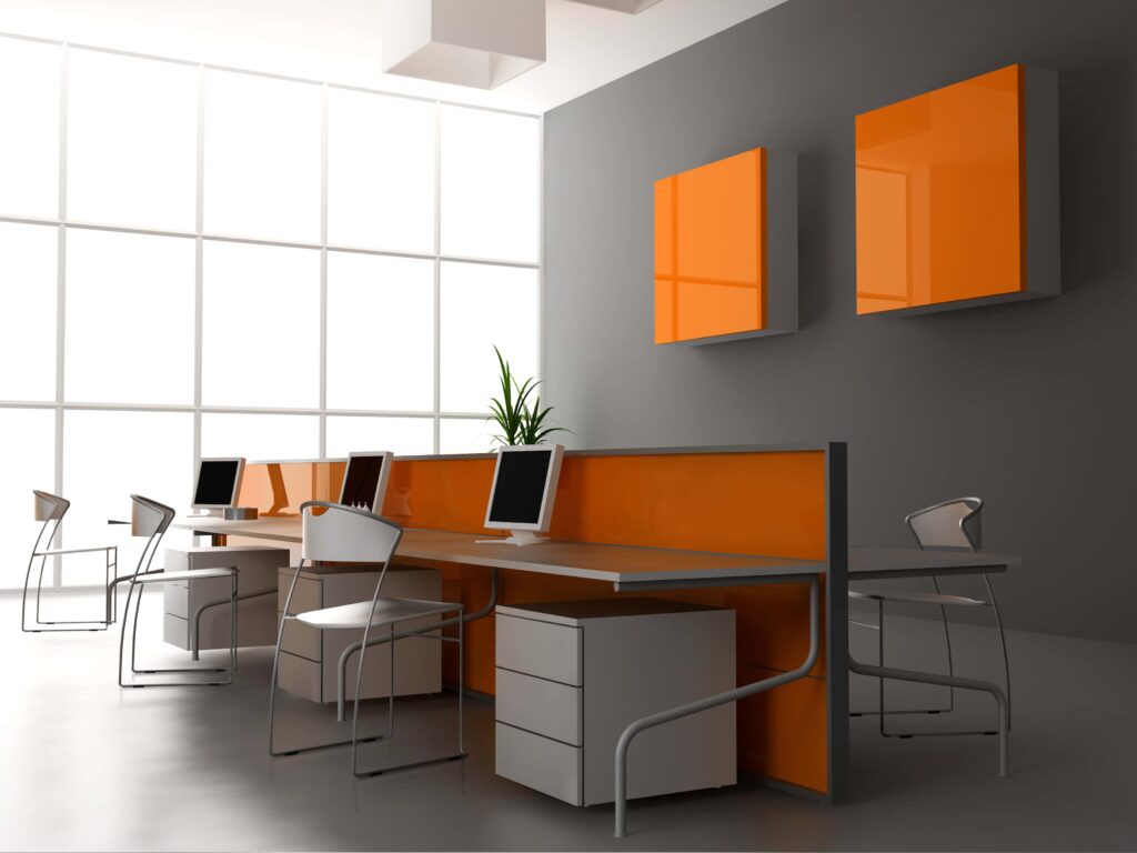 wellness architecture modern office with shared desk grey walls orange artwork plants windows