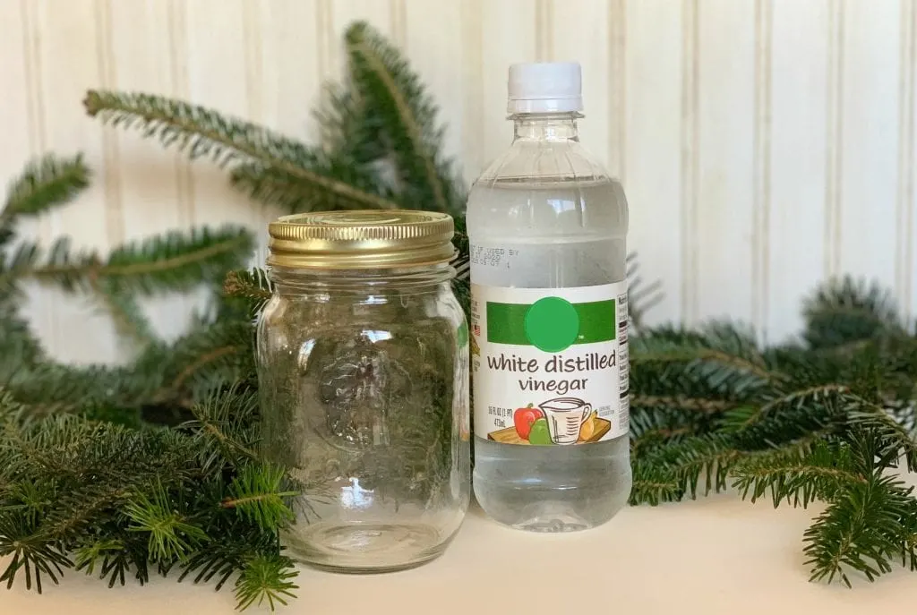 empty mason jar against christmas tree pine branches with bottle of white distilled vinegar