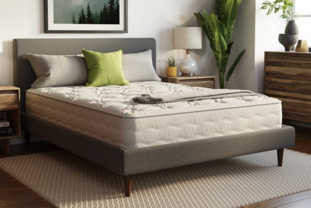 Joybed latex free mattress on bed frame in modern room