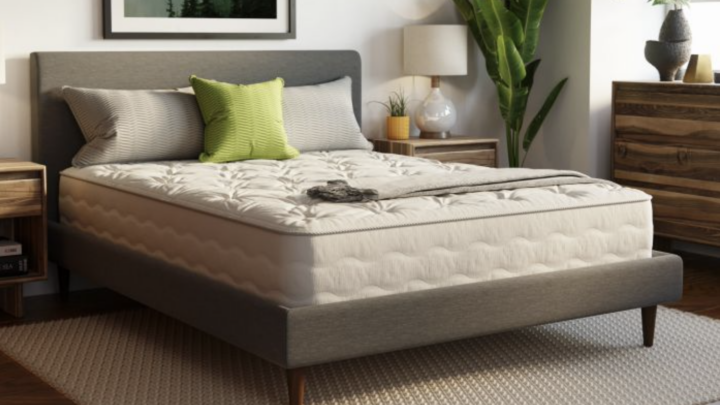 Joybed latex free mattress on bed frame in modern room