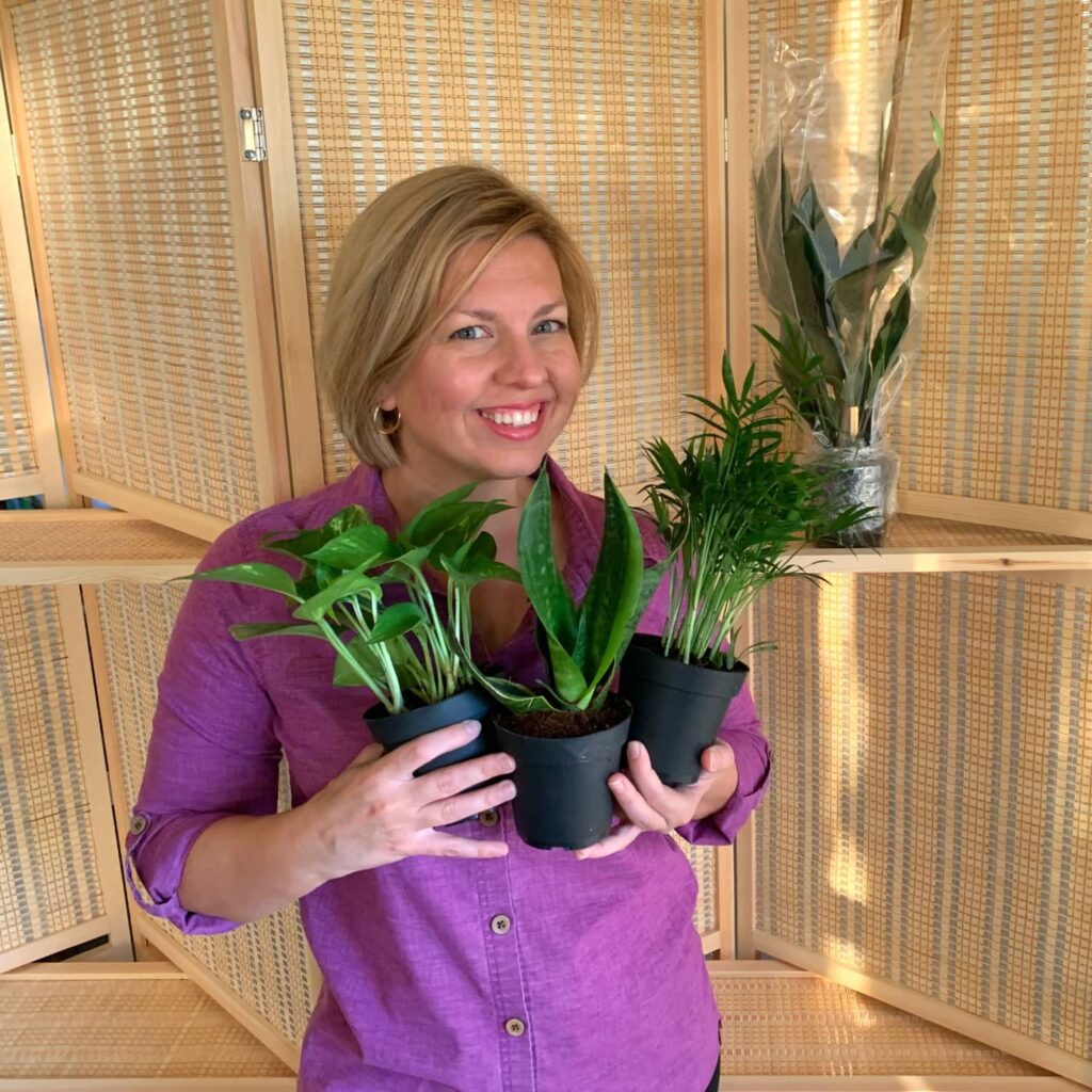 Woman wearing purple shirt against wicker background showing houseplant pots from best place to buy indoor plants online