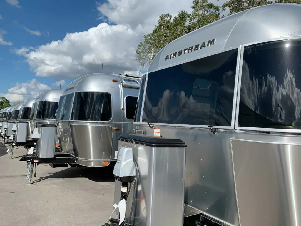 airstream rv trailers lined up in a row