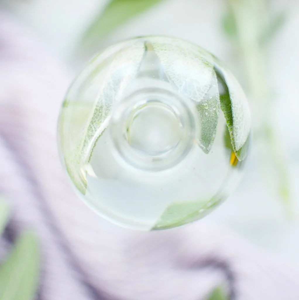 sage leaves in glass bottle with vinegar