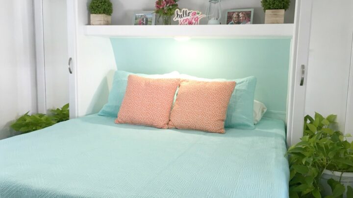 RV Mattress in bedroom with blue comforter