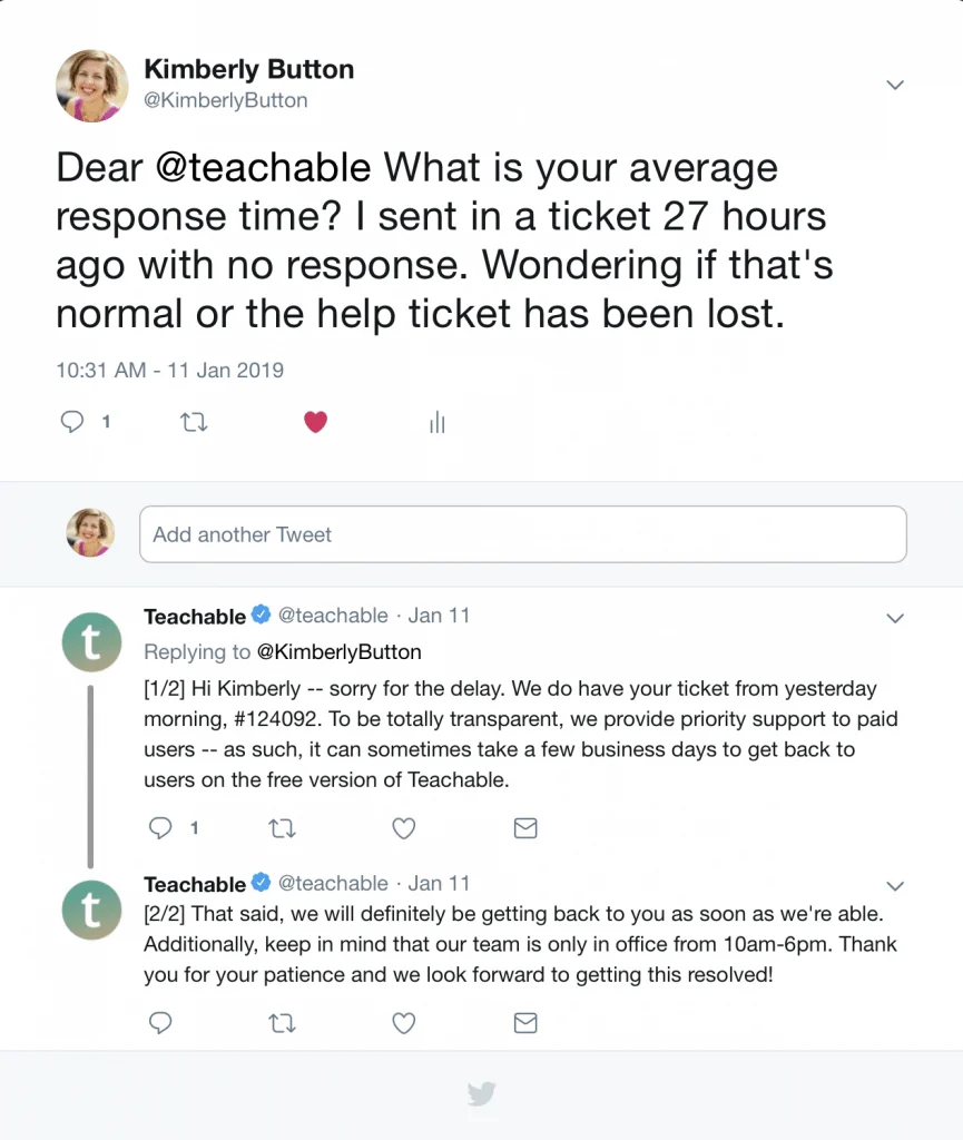 Twitter responses Teachable Customer Service