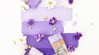 paint brushes applying purple paint to white background