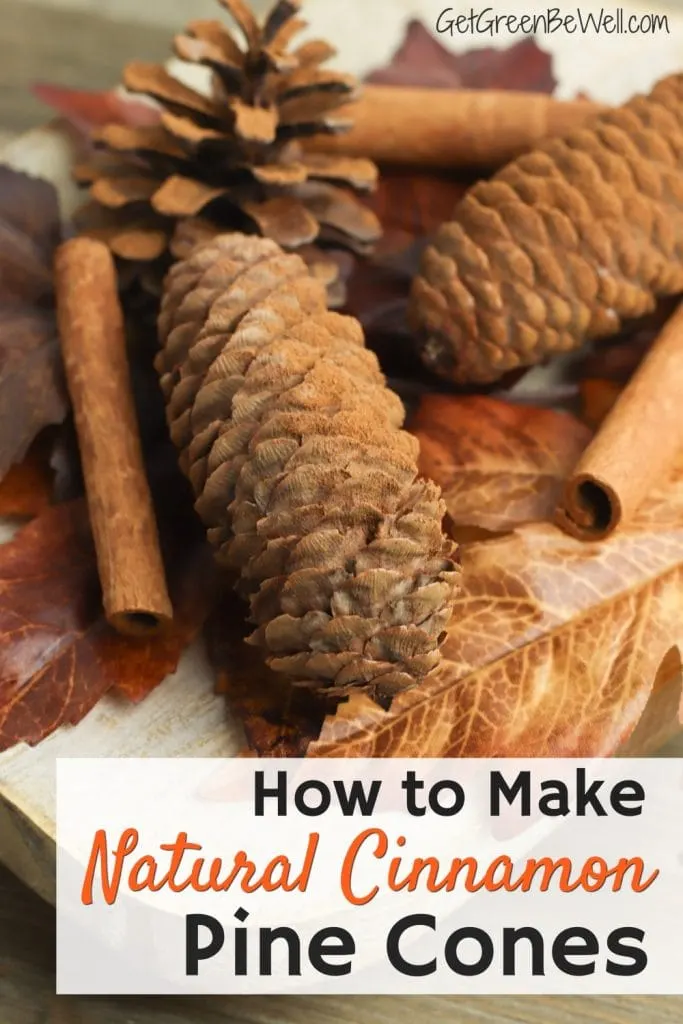 cinnamon covered pine cones on wooden cutting board with fall leaves