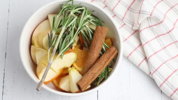 apples cinnamon sticks and rosemary in a white crock pot