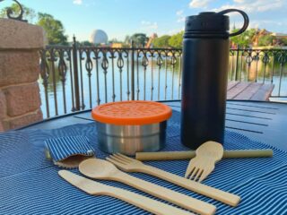 zero waste kit at disney epcot theme park Bamboo utensils reusable water bottle