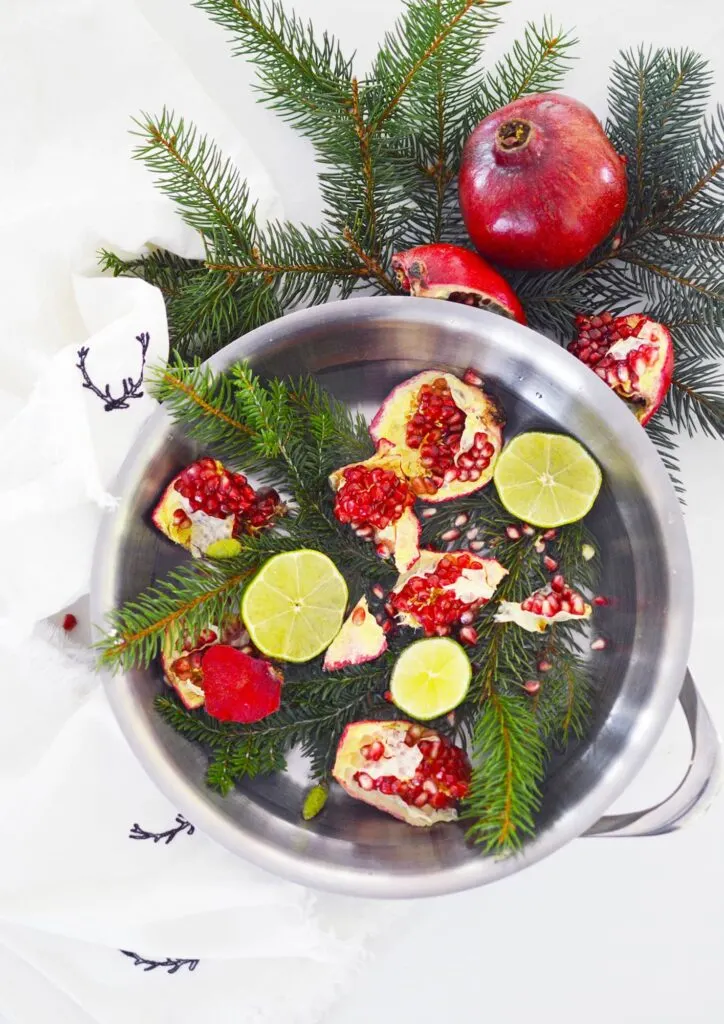 Christmas stovetop potpourri in stainless steel pot against pine needles and white background