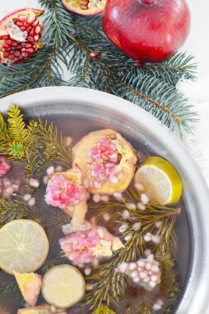 Christmas stovetop potpourri simmering in stainless steel pot