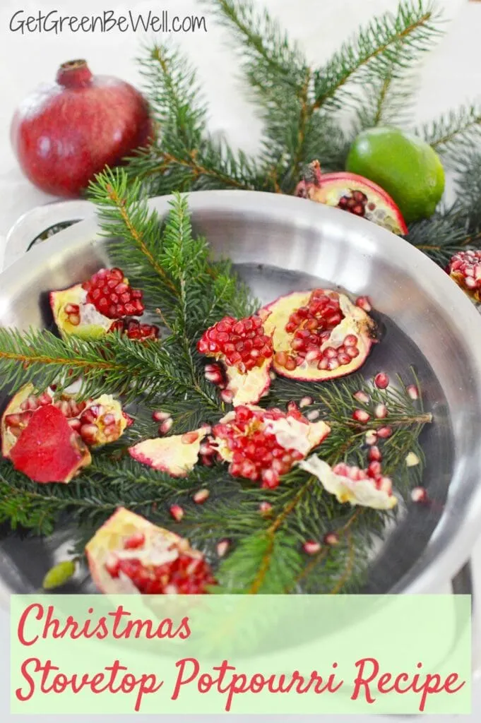 Christmas stovetop potpourri with pine needles pomegranate lime in steel pot