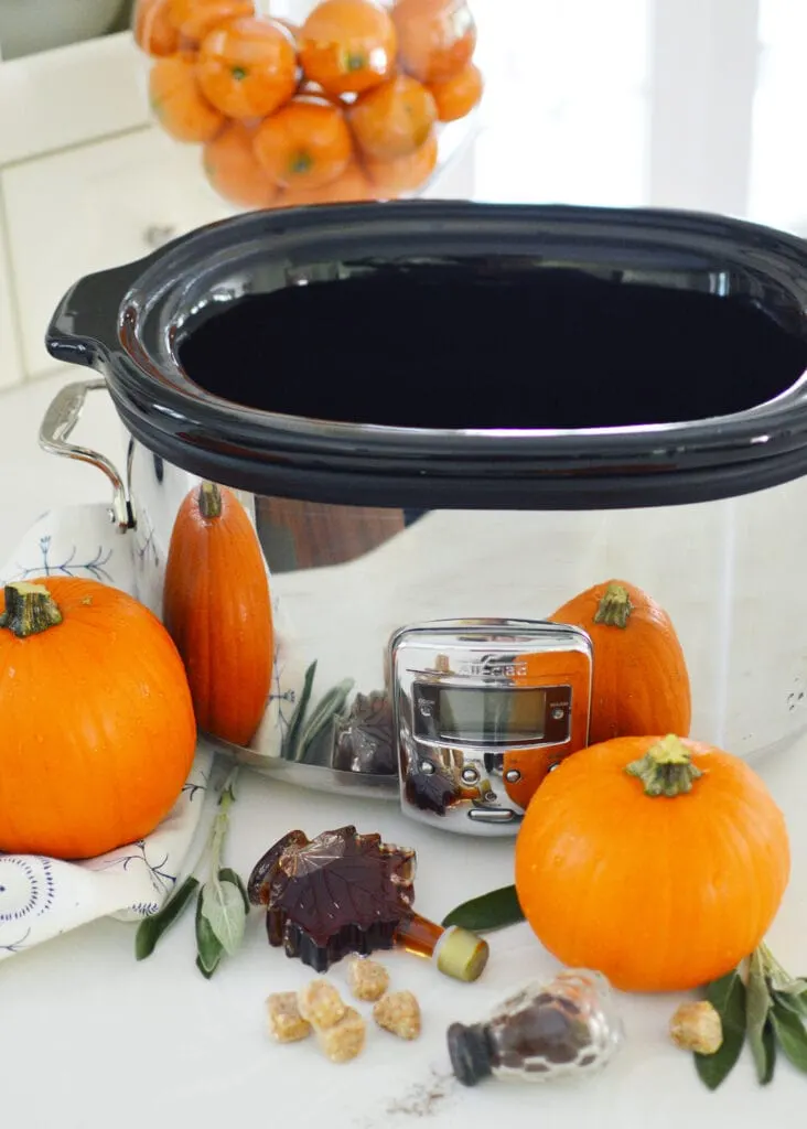 crock pot on white table with oranges and sugar cubes