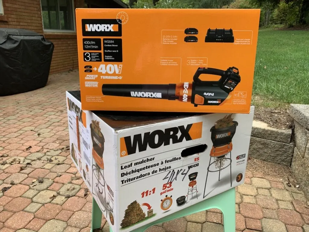 worx cordless leaf blower and worx leaf shredder boxes