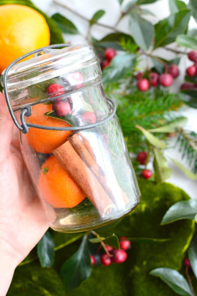 oranges cinnamon sticks and crab apples in a glass jar with metal lid