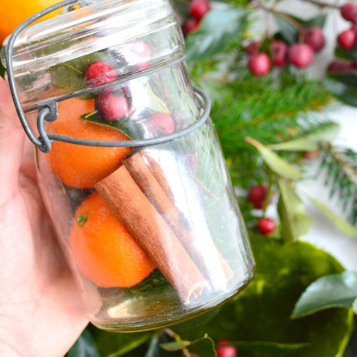 oranges cinnamon sticks and crab apples in a glass jar with metal lid