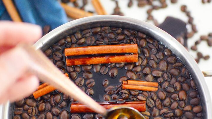 coffee smell air freshener in pot with coffee beans and cinnamon sticks